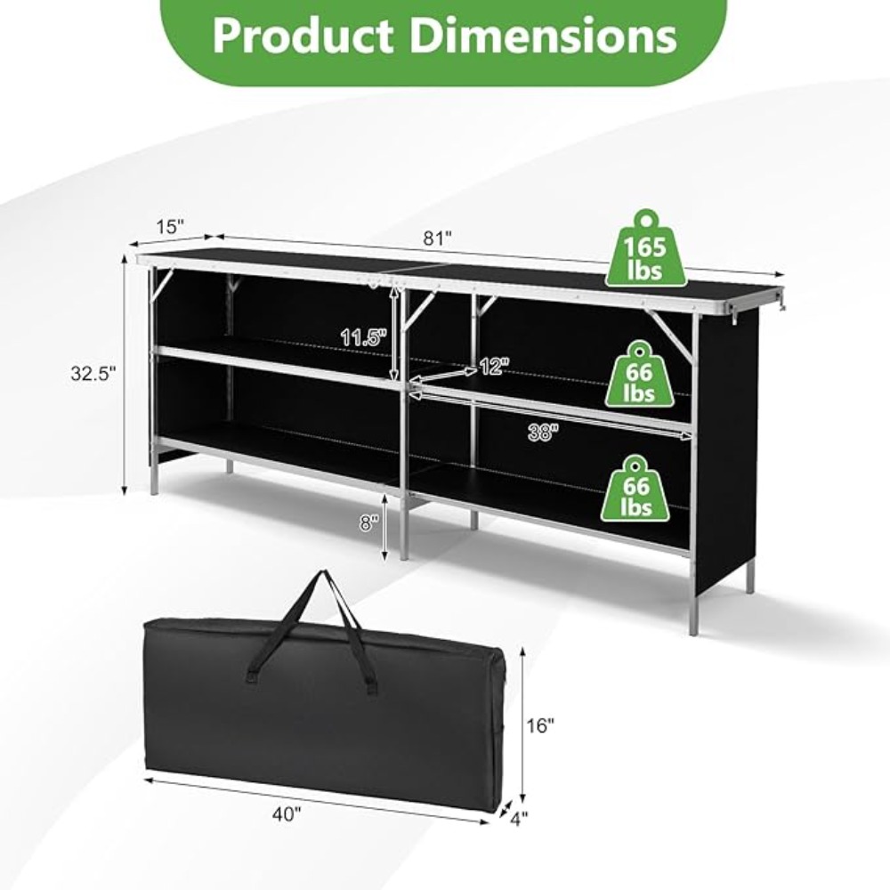 81 inch ultra long portable bar table with double-layer storage rack and foldable mobile cocktail table with detachable skirt