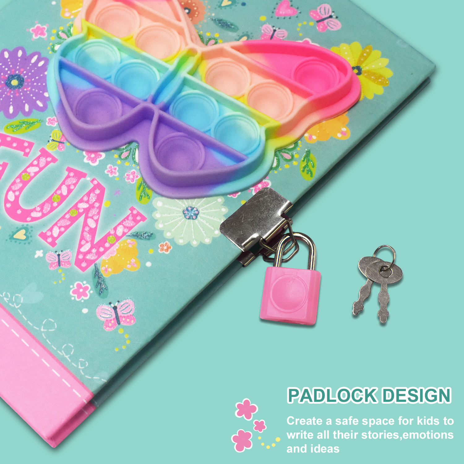 ロック付きポップガールズダイアリー、7.5x5.4インチ 160罫ページ ガールズジャーナル 子供用 秘密ノート ペンセット ギフト ライティング用