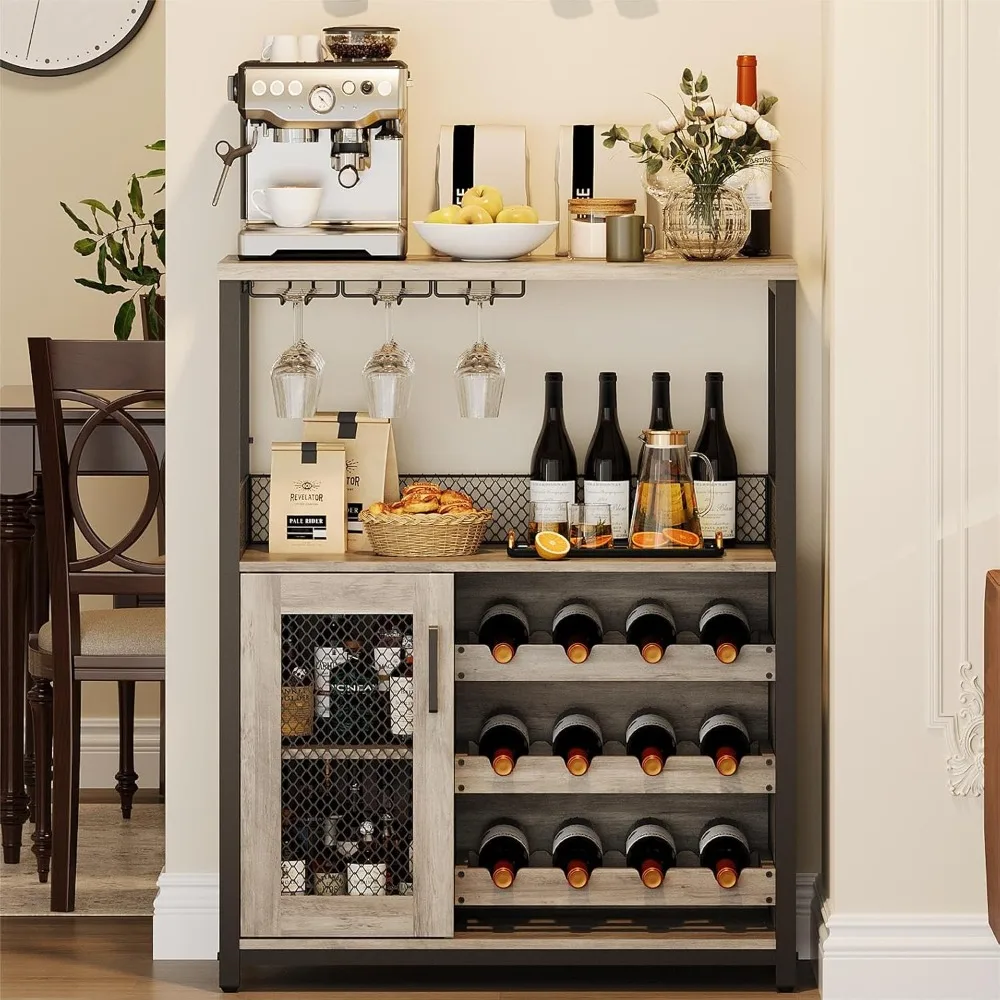 3-Tier Wine Bar Cabinet with LED Lights, Detachable Wine Rack and Storage Space, Sideboard Buffet Bar with Glass Holder
