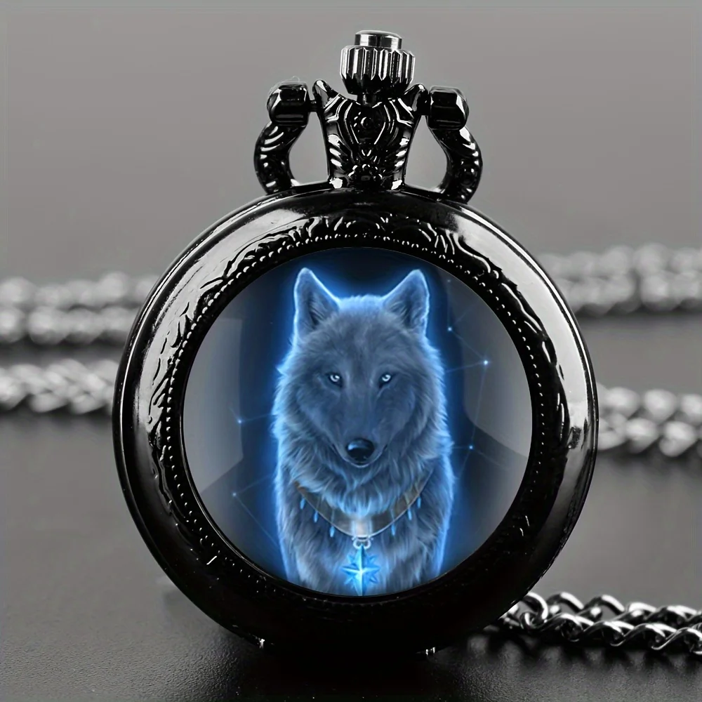 Exquisite Quarz-Taschenuhr mit Wolf-Tiermuster und Halsketten-Anhänger, Weltzeit-Funktion, analoge Anzeige für Damen, Herren, Kinder