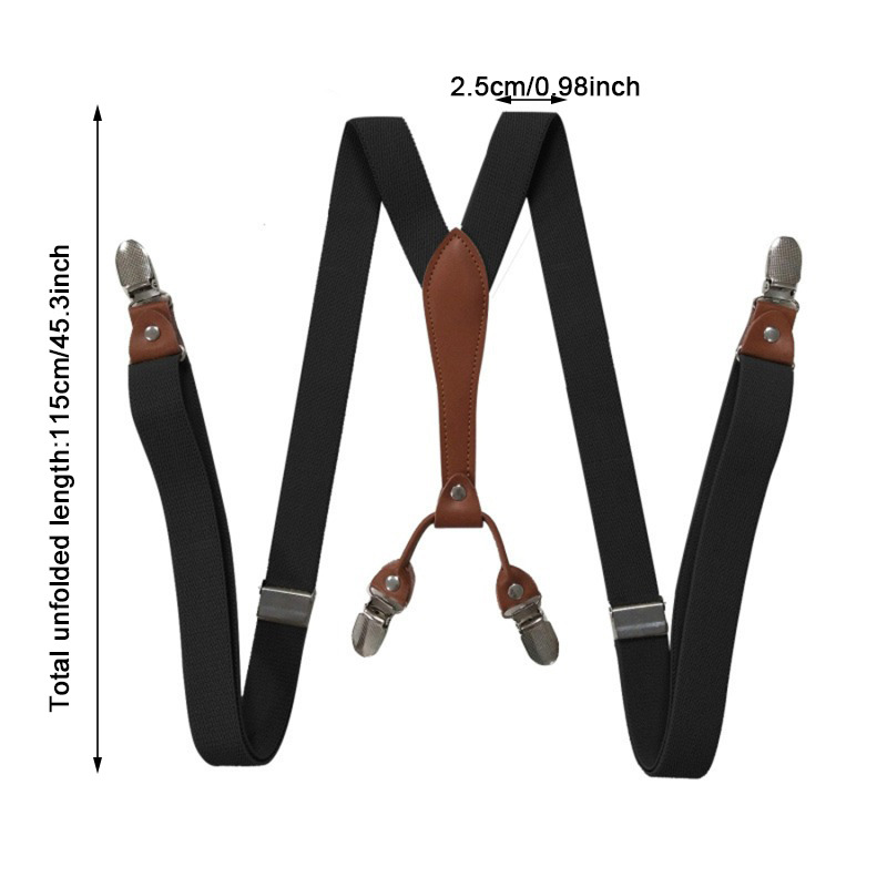 Black Work Suspenders For Men Shirt 4 Snap Hooks Heavy Duty Big Tall X-Shape 2.5cm Wide Adjustable Elastic Trouser Pants Braces