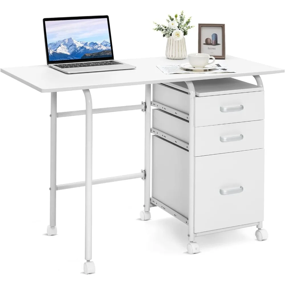 White Folding Desks with 3 Drawers, Mobile Home Office Desks Study Writing Desk with Smooth Wheels, Space Saving Compact Desk