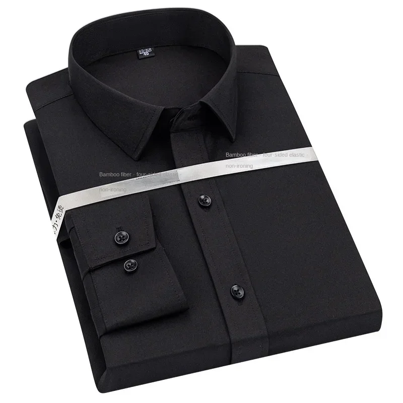 Camicia a maniche lunghe, Fibra di bambù elastica da uomo, Camicia di seta senza stiratura, Abbigliamento professionale da uomo di mezza età e anziani
