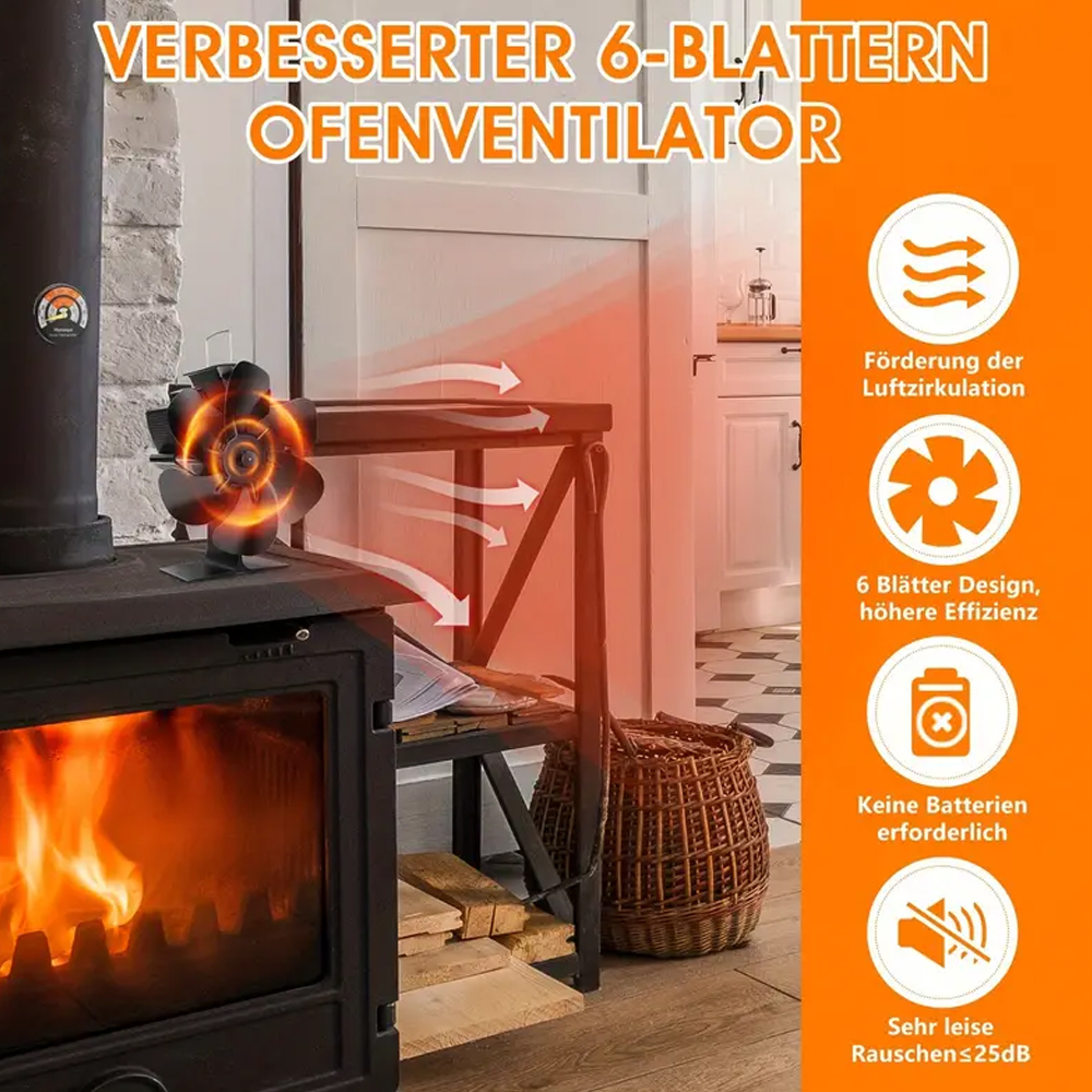 Wärmebetriebener Ofenventilator, umweltfreundlich, schwarz, 6 Flügel, Holzbrenner, Kaminventilator, effiziente Wärmeverteilung, Winterwärmer für Zuhause
