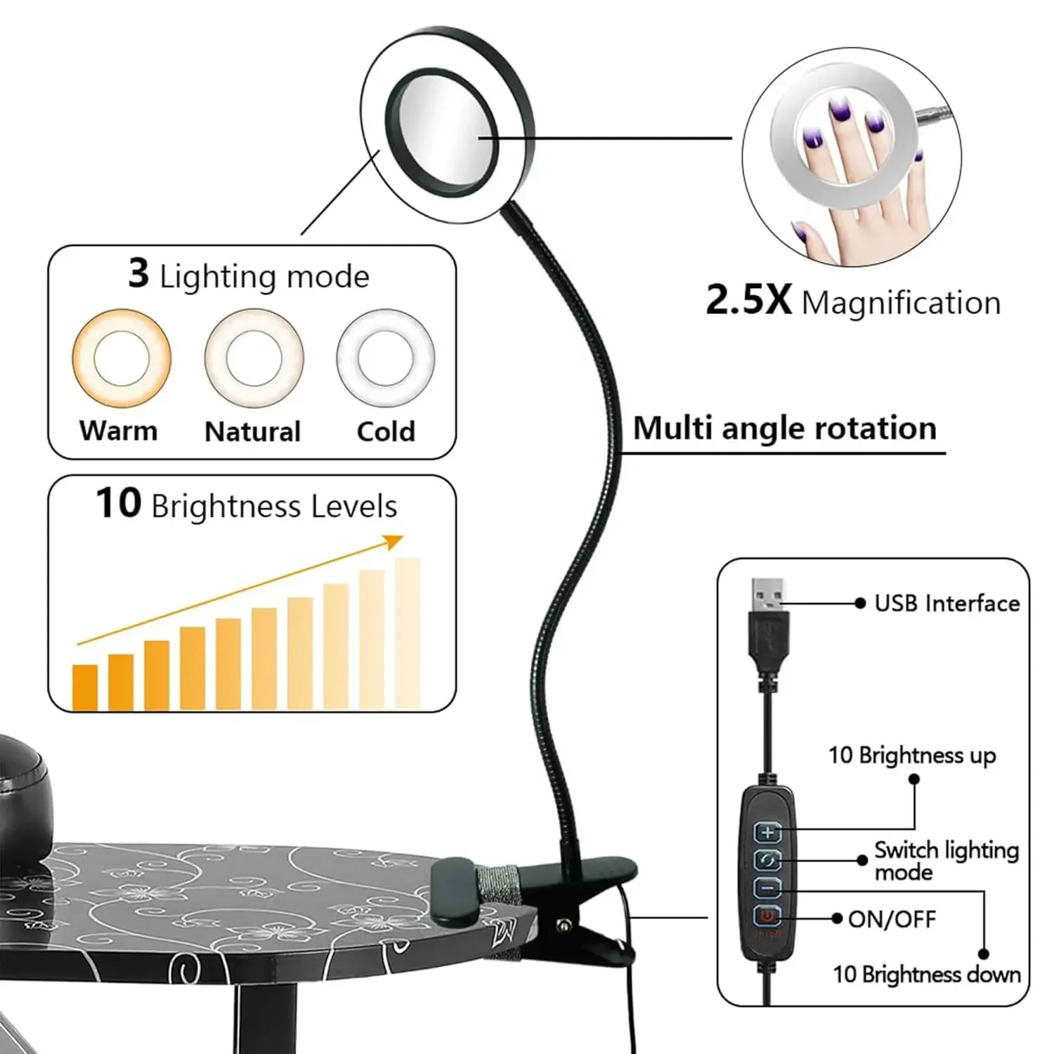 Professional 36''L Portable & Foldable Manicure Table Nail Technician Desk Workstation Manicure Table with Magnifier USB LED Tab