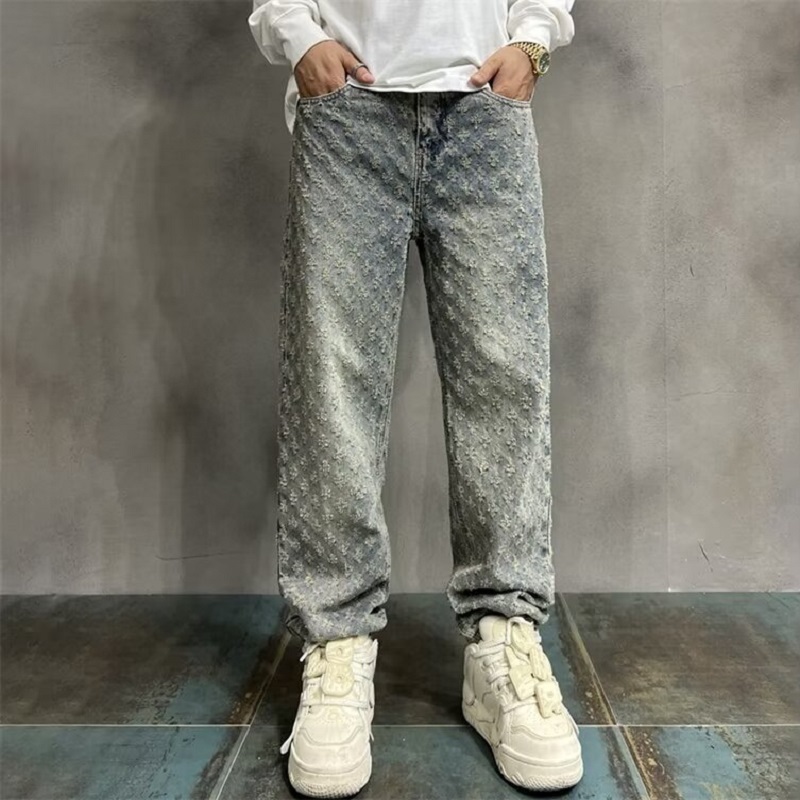 Jacquard All Over High Street Jeans Mens 2024 새로운 스트레이트 리프트 패턴 루즈 와이드 레그 청바지 캐주얼 보이프렌드 청바지 바지 조수
