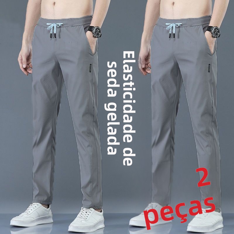 Calças Casuais Masculinas Ultra-Finas de Seda Gelada, Soltas, Respiráveis, com Pernas Retas, Secagem Rápida, Cintura Elástica...
