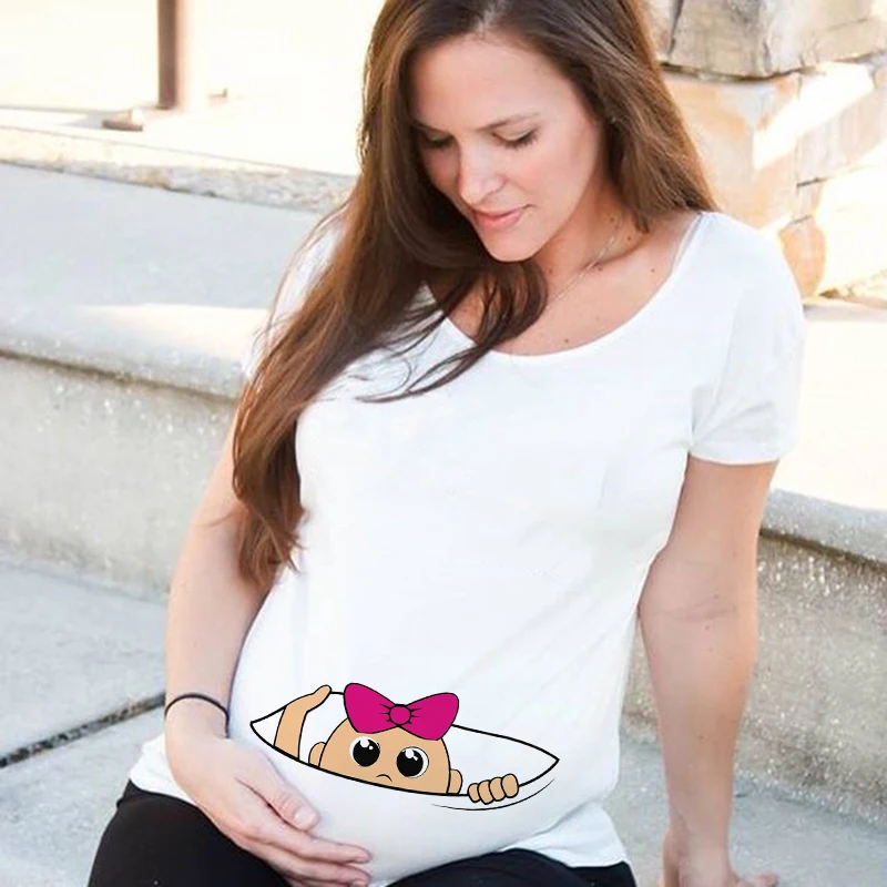 Футболка для беременных Baby Peeking, с забавным принтом на молнии, модная летняя футболка для беременных, размера плюс