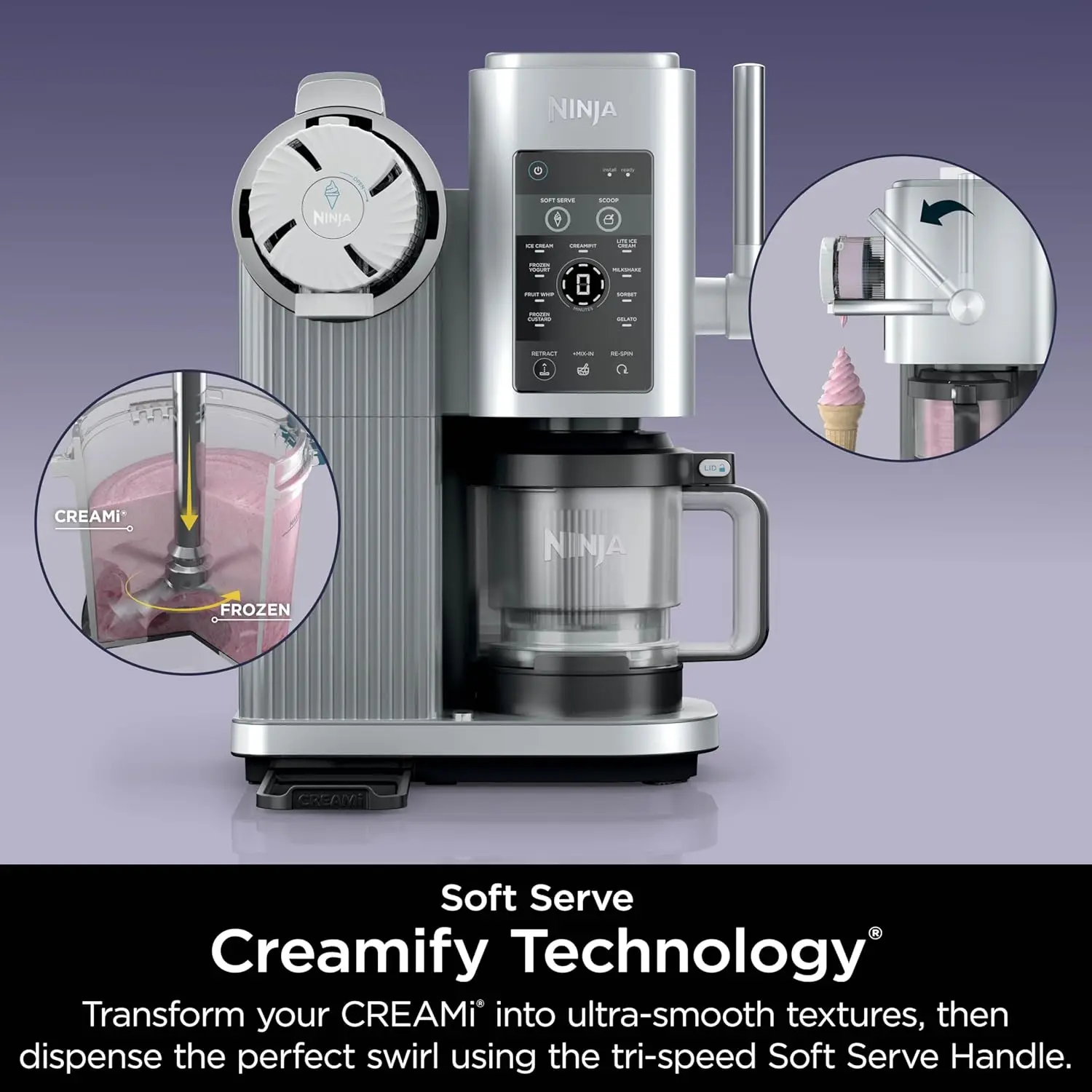 CREAMi Ice Cream and Soft Serve Maker, Sorbet, Milkshake, Frozen Yogurt, Low Calories Program & More, 13-in-1, Soft Serve Handle