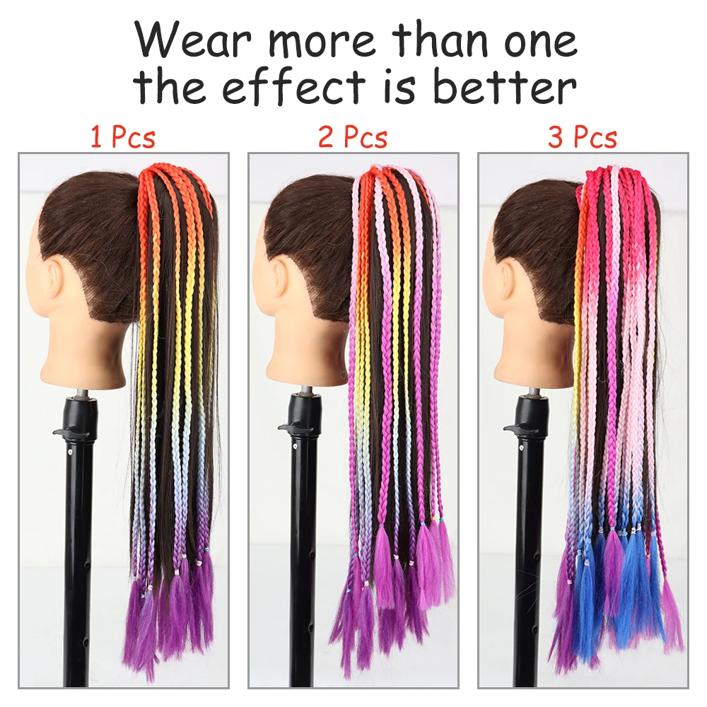 AZQUEEN-extensión de cabello de cola de caballo trenzada de color sintético, trenzas de Color arcoíris, cola de caballo con banda elástica, coleta para niña