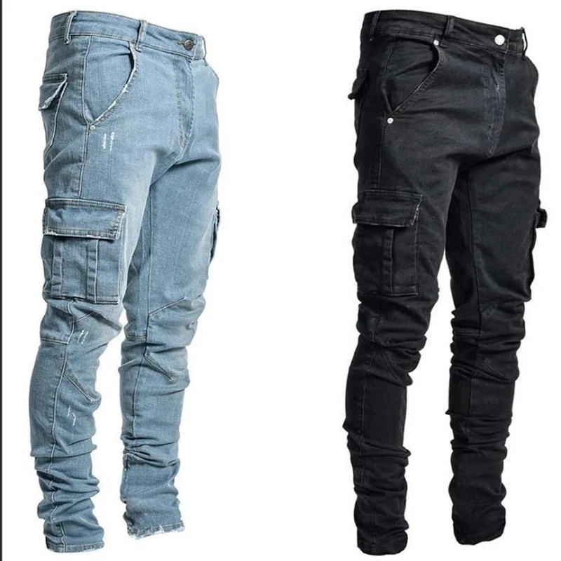 Pantalones vaqueros elásticos ajustados para hombre, pantalones Cargo con múltiples bolsillos, elásticos para correr, Hip Hop, talla grande