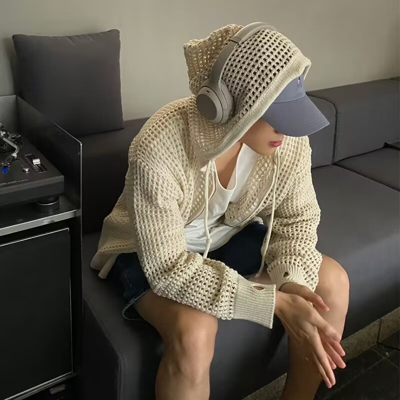 2025 Heren Casual Holle Jassen Ademend Vest Trui Zomer Lichtgewicht Gebreide Top Met Capuchon Koreaanse Trendy Streetwear Kleden
