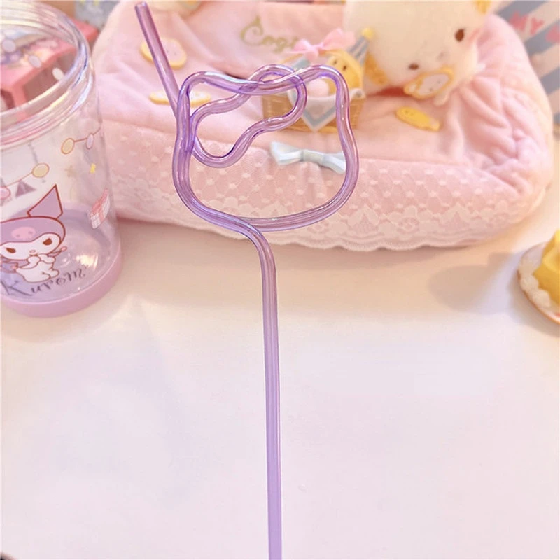 Hello Kitty ดื่มฟางอะนิเมะตุ๊กตาแมว Kt รูปร่างฟางการ์ตูนที่ใช้ซ้ำได้สีฟางท่อเครื่องดื่มน้ำผลไม้นมฟางของขวัญ