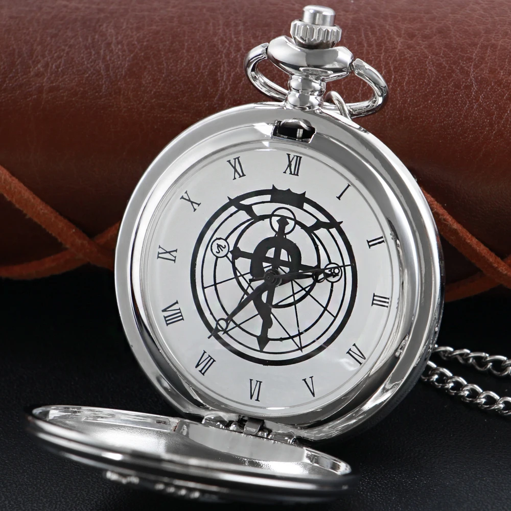Reloj de bolsillo de cuarzo con tema de alquimia de plata lisa con cadena para hombres y mujeres, colgante Retro Steampunk, collar, reloj Cf1217