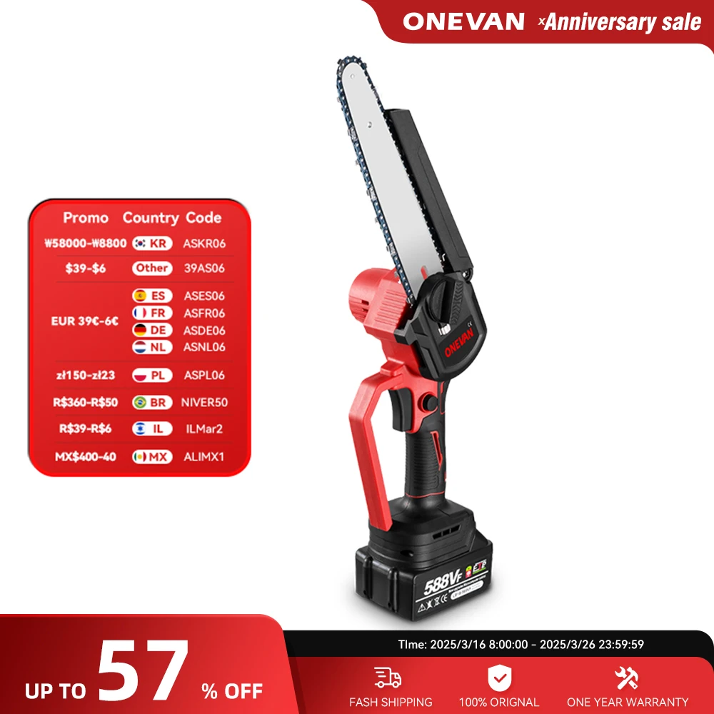Onevan 8 Polegada motosserra elétrica sem escova sem fio portátil serra elétrica ferramenta elétrica para trabalhar madeira para makita 18v bateria