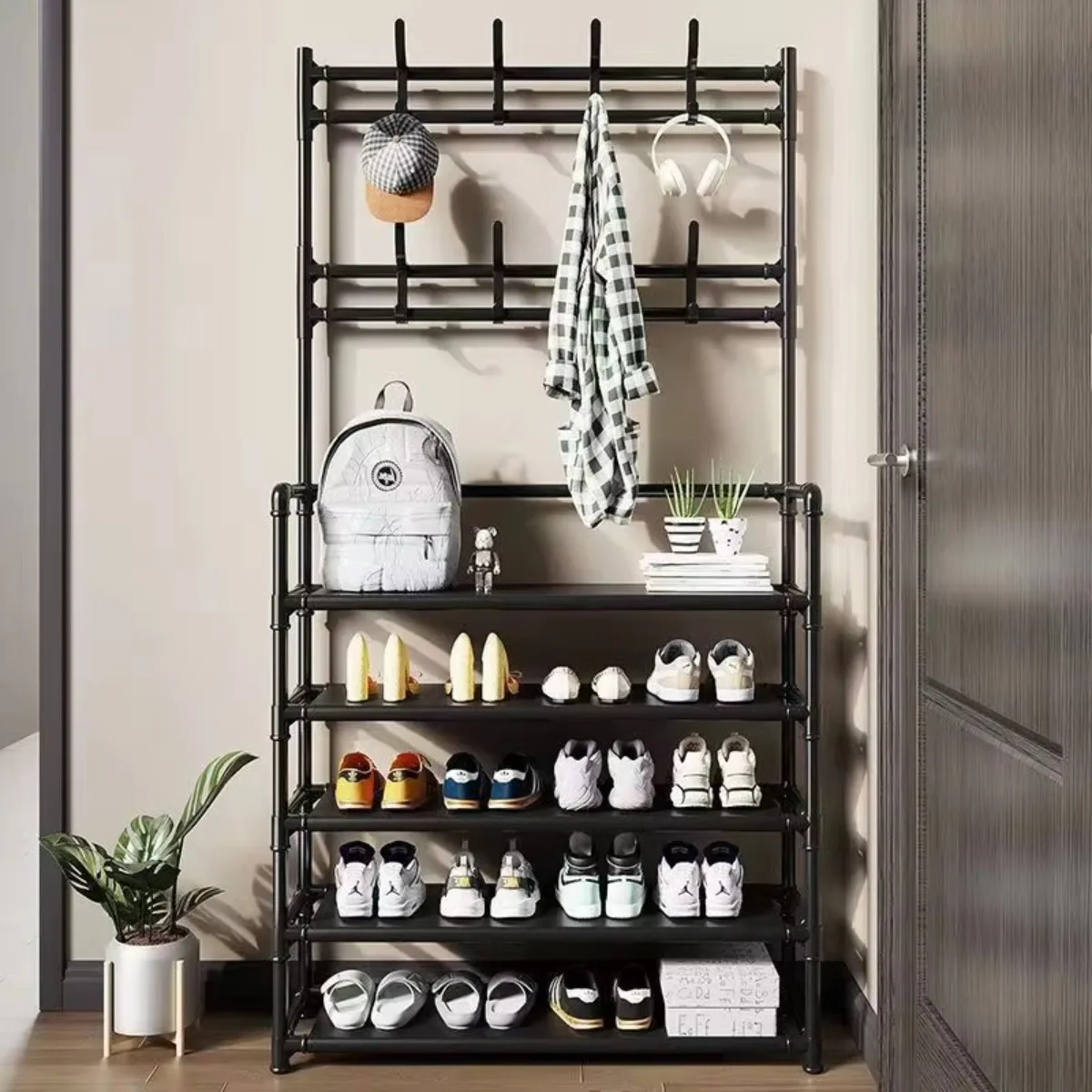 Rack de sapato multicamadas, organizador de suporte de carga diy com cabide de chapéu, armazenamento multifuncional para sapatos domésticos, tipo rack