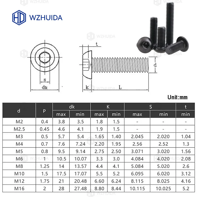 M2 M2.5 M3 M4 M5 M6 M8 M10 negro hexagonal cabeza de botón tornillo A2-70 304 acero inoxidable ISO7380