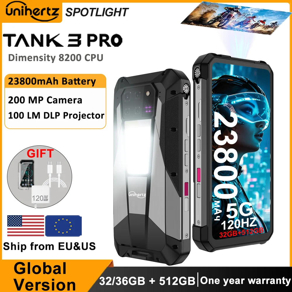 Unihertz Tank 3 Pro 8849 Smartphone robusto 5G Android com projetor de 100 lúmens 32GB 512GB 23800mAh 6,79 "FHD telefone à prova d'água