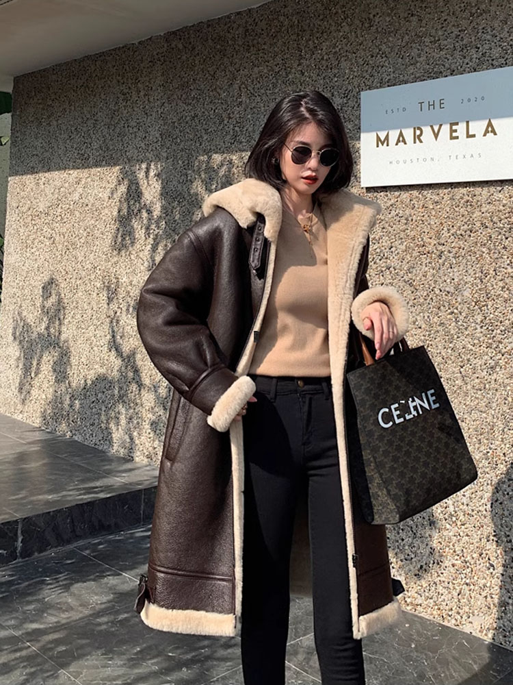 2024 Women's Winter Long Coat Genuine Sheepskin Leather Shearling Jacket for Female Thick Wool Liner Hooded Brown Plus Size 7XL