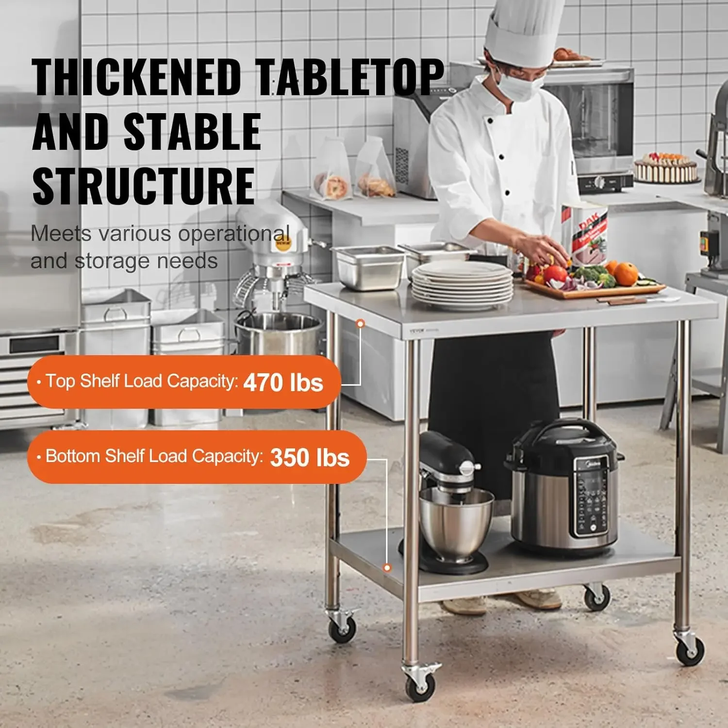 Stainless Steel Work Table 30 x 36 x 38 Inch, with 4 Wheels, 3 Adjustable Height Levels, Heavy Duty Food Prep Worktable for