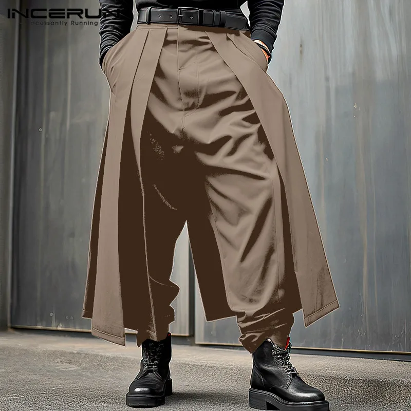 INCERUN เสื้อกันหนาวผู้ชายไม่สม่ําเสมอกางเกงสีทึบ Joggers หลวมปุ่มสบายๆกางเกงขากว้างผู้ชาย 2024 กางเกงแฟชั่น