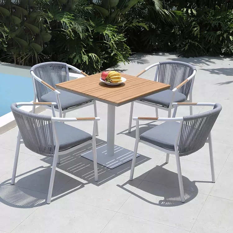 Silla de té y café de madera de teca de aluminio para exteriores, mesa, muebles, juego de comedor, jardín para cafetería al aire libre