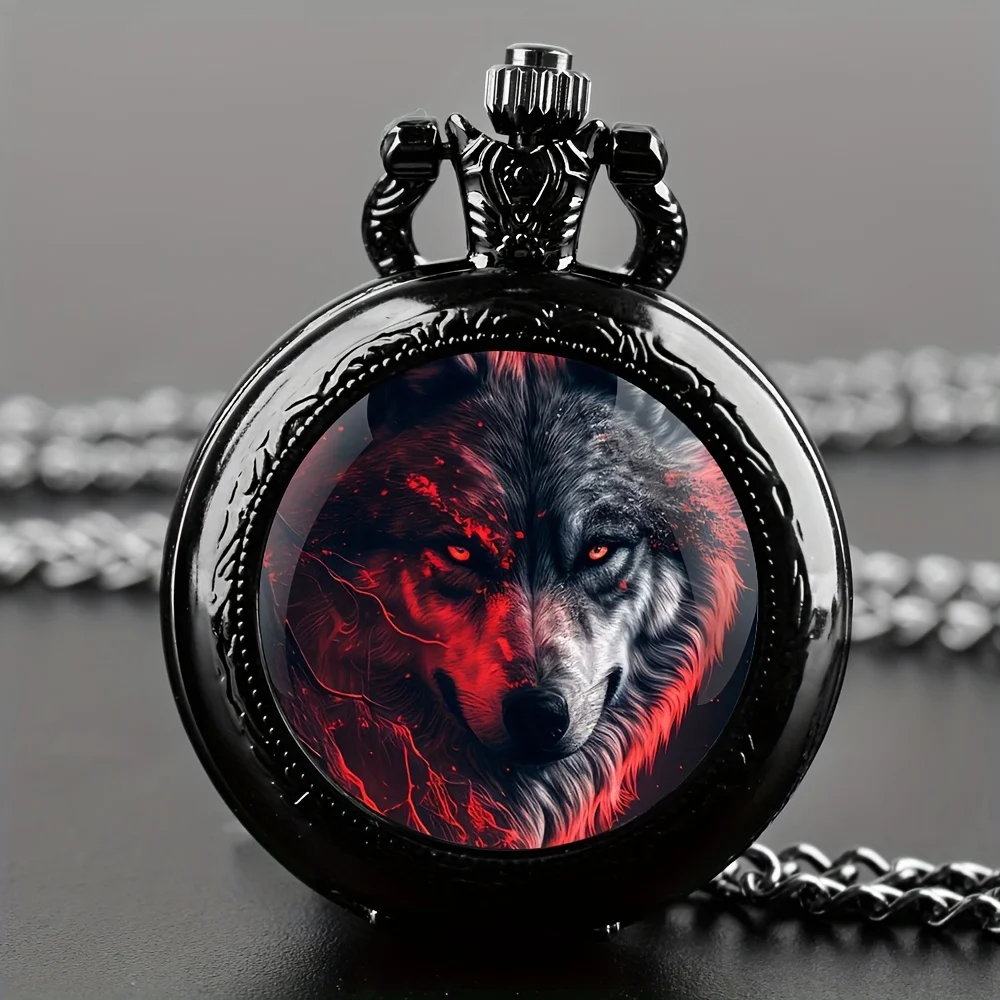 Einzigartige Quarz-Taschenuhr mit Wolf-Tiermuster und schwarzem Halsketten-Anhänger. Weltzeitfunktion, analoge Anzeige für Damen, Herren, Kinder