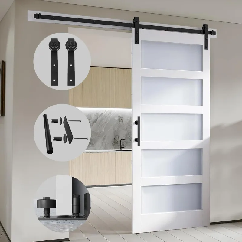 36 in x 84 in Glass Sliding MDF Barn Door with 6.6FT Sliding Door Hardware Kit, 5 Tempered Frosted Glass