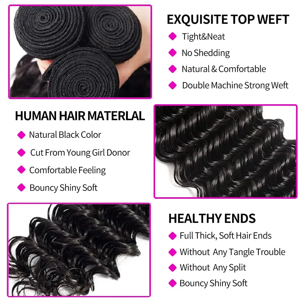 Pacotes com fechamento onda profunda cabelo virgem brasileiro 3 pacotes com 4x4 hd fechamento de renda com cabelo do bebê cor natural encaracolado profundo