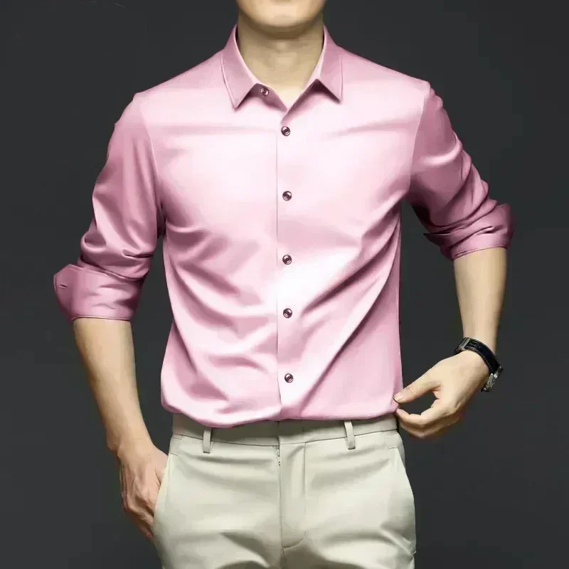 Camicia a maniche lunghe da uomo S-6XL camicia bianca pura resistente alle rughe di lusso abito da lavoro camicia lucida in seta di ghiaccio Casual