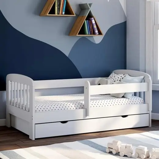 Cama infantil 80 x 160 cm, 1 cajón de almacenamiento con somier y barreras