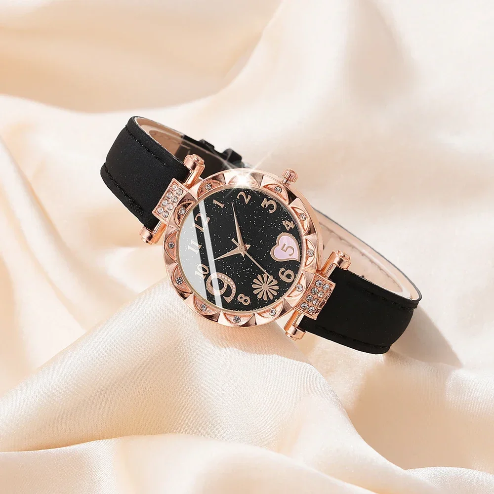 Conjunto de relógio de pulso analógico de couro feminino, pulseira de quartzo feminino, moda feminina, 6 peças