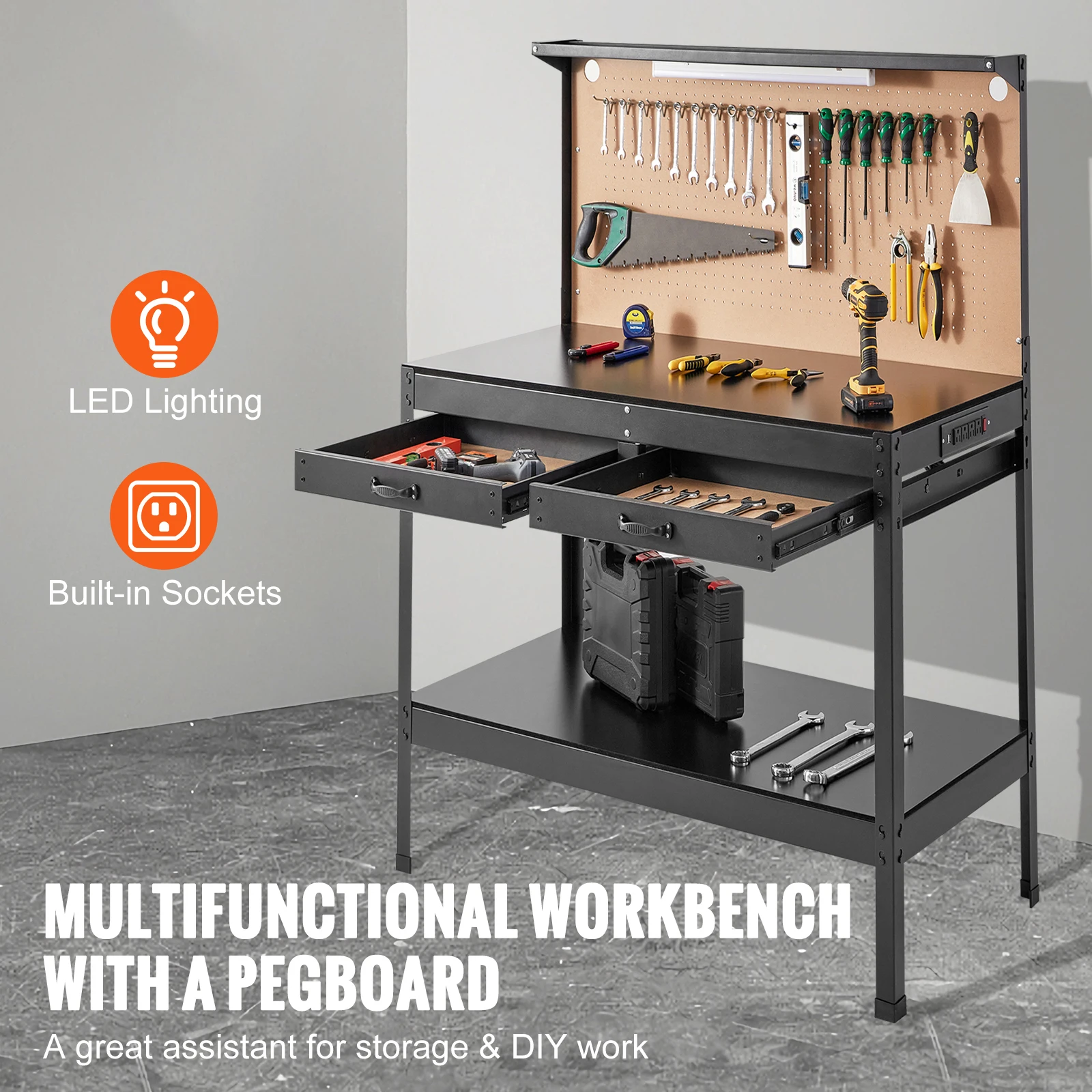 SucceBuy 220lbs Garege Workbench A3 Steel Work Bench with 2xUSB Ports & 30xHooks Workspace for Workshop Hardwood Working