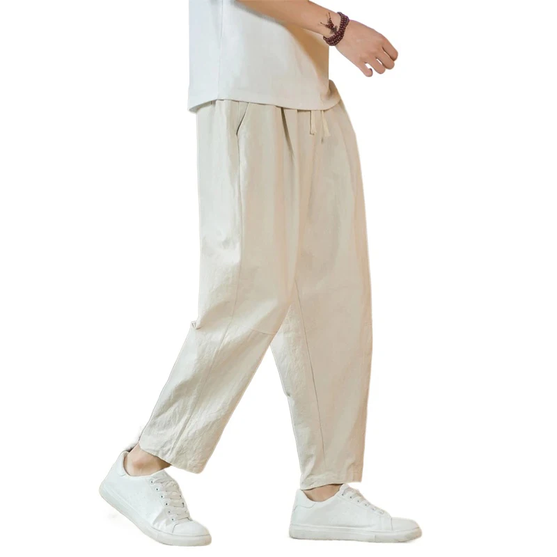 ใหม่ผ้าฝ้ายลินินบุรุษกางเกงสบายๆสีทึบBreathable StreetwearหลวมตรงDrawstring Baggyน้ําหนักเบากางเกงกีฬา