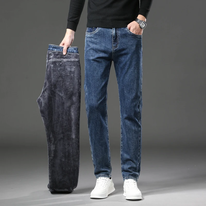 Pantalones vaqueros gruesos y cálidos de lana de invierno para hombre, pantalones vaqueros elásticos rectos ajustados, ropa informal para hombre, pantalones de felpa a la moda