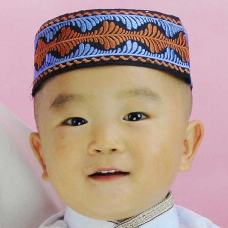 Islamic Muslim Kids Hat Boys Pray Embroidery Round Cap Saudi Arabian Prayer Beanie Accessories