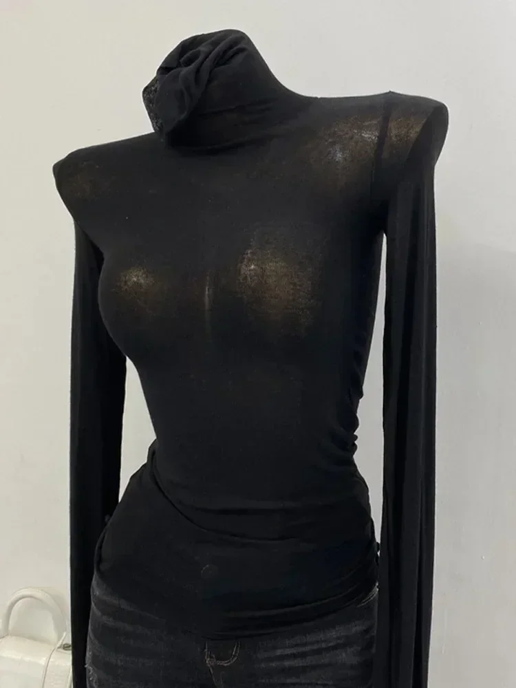 คอเต่า Slim คุณภาพสูงธรรมดา T เสื้อผู้หญิงผ้าฝ้าย Basic หญิงเสื้อแขนยาวเซ็กซี่บางเสื้อยืดดูผ่าน 2024