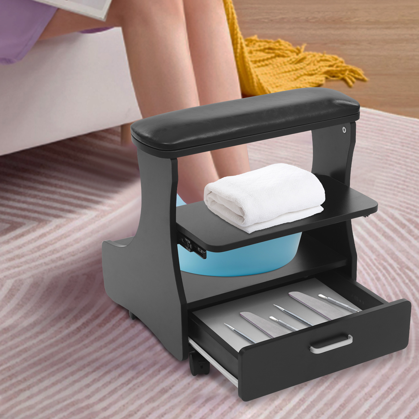 Pediküre-Fußstütze, 3-stufige Aufbewahrungs-Schwenkräder, langlebiges MDF + PU, bequemes Kissen für die Salon-Nagelpflege-Fußstütze