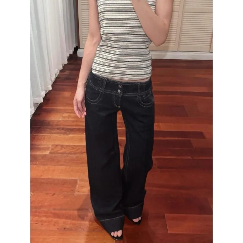 Vaqueros de pierna ancha de cintura baja Retro americano para mujer, pantalones de pierna ancha holgados drapeados de longitud alta y extendida para verano y otoño