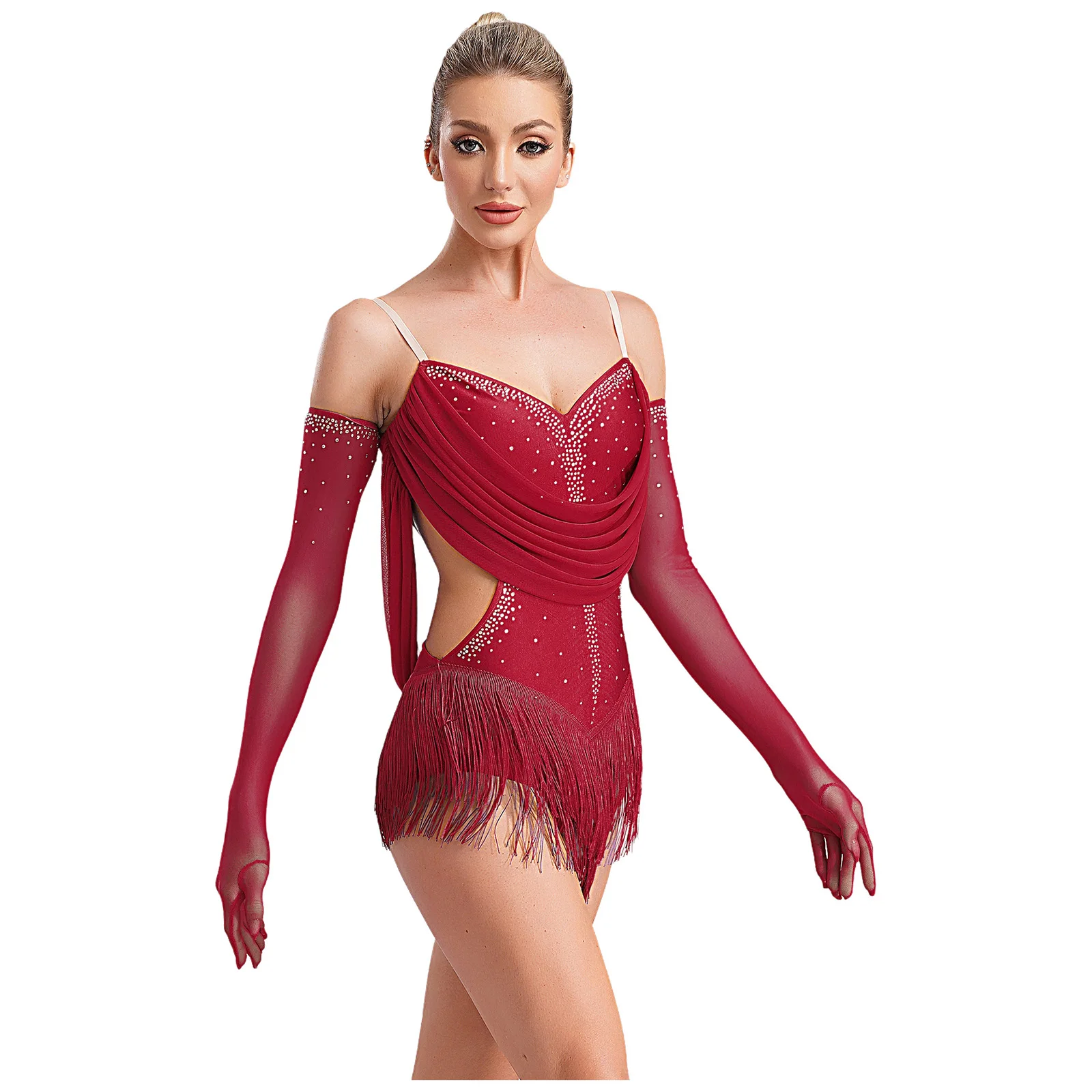 Vestido de leotardo de baile latino con borlas para mujer, mono con flecos de diamantes de imitación + guantes, trajes para actuación de patinaje de Tango Cha-Cha Salsa