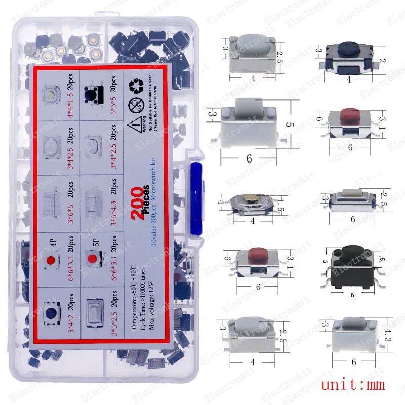 Kit de microinterruptores, Interruptor táctil de reinicio, miniinterruptor de hoja, encendido y apagado, SMD dip 2x4, 3x6, 4x4, 6, 12x12, DIY