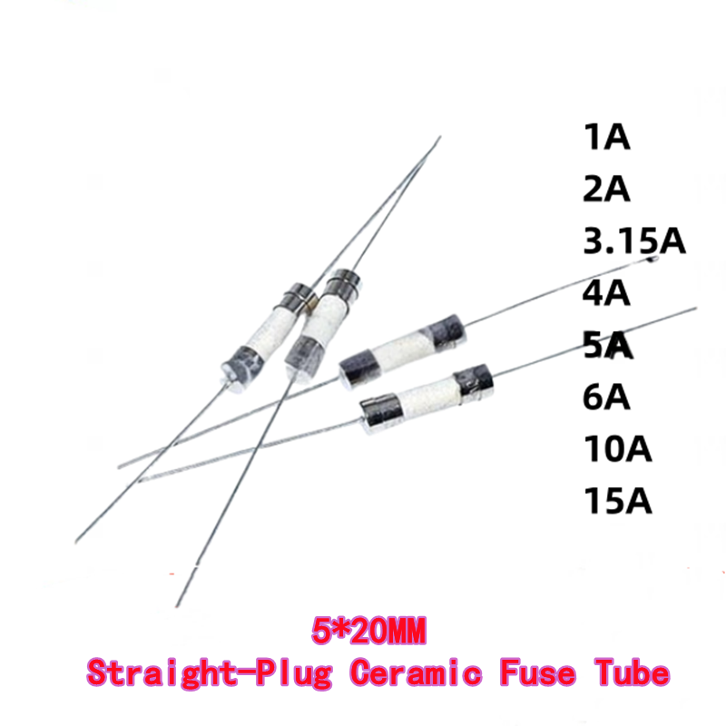 10 Stück Keramik-Sicherungsrohr mit Leitungen, 5 x 20 mm, 1 A/2 A/3 A/5 A/10 A/15 A/20 A, 250 V, gerader Stecker
