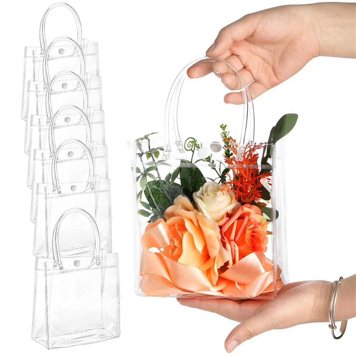 BABQ 20Pcs Transparent Gift Bag with Handle Wedding Candy Gift Packaging Reusable Tote Bag Christmas Shower 15x20x7cm