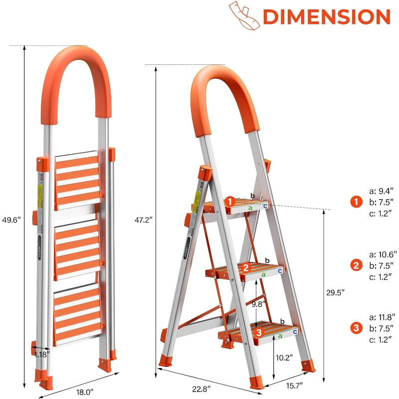 LUISLADDERS 3 Step Stool Aluminum Lightweight Step Ladder Folding Anti-Slip with Rubber Hand Grip 350lbs Capacity Home