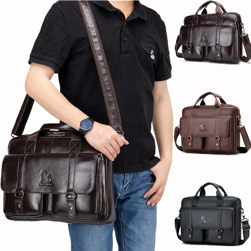Maletín de cuero genuino para hombre con bolsillos frontales dobles, bolso para ordenador de gran capacidad, bolso cruzado Diagonal, maletín para ordenador portátil