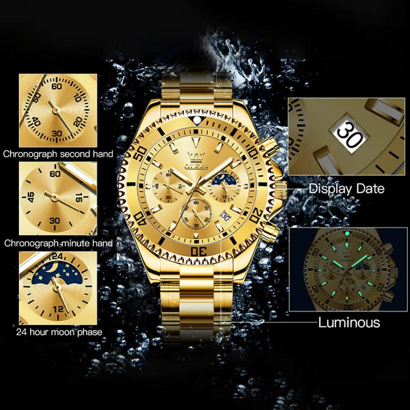 Relojes OLEVS para hombre, relojes de lujo de primeras marcas para hombre, cronógrafo Original resistente al agua de acero inoxidable, fase lunar, fecha, esfera giratoria