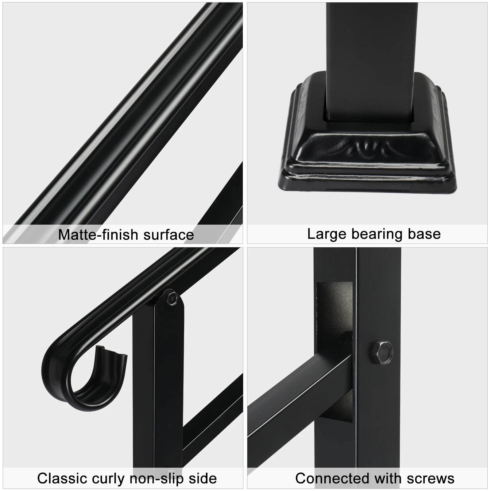 Handrails for Outdoor Steps, Wrought Iron Handrail Fits 1 or 3 Steps, Transitional Handrail with Installation Kit, Black