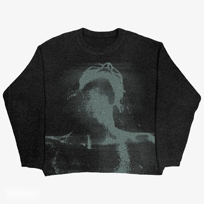สเวตเตอร์แนวฮิปฮอปสำหรับผู้ชายเสื้อสเวตเตอร์ถักแบบสวมหัวทรงหลวมแนวสตรีทย้อนยุคเสื้อกันหนาวแขนยาวสไตล์ฮาราจูกุโอเวอร์ไซส์ Y2k วินเทจ