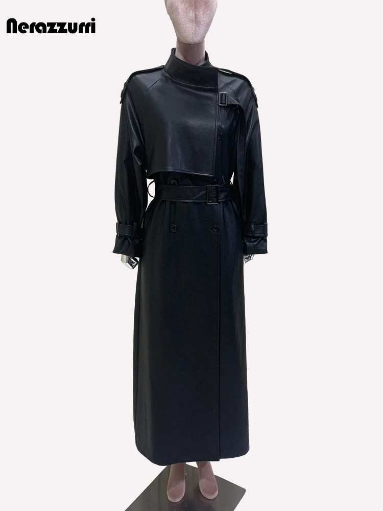 Nerazzurri Herbst Runway Schwarz Lange Pu Leder Trenchcoat für Frauen Elegante Luxus Designer Kleidung Mode Damen Mäntel 2024
