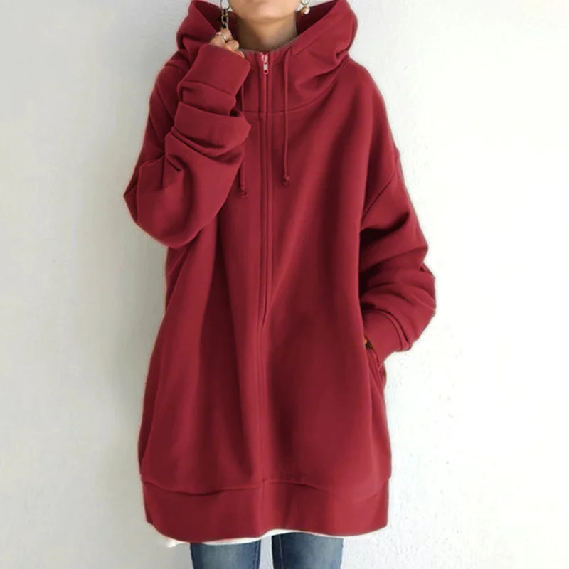 Mulheres engrossado quente cor sólida moletom com capuz bolsos duplos zíper cardigan com capuz feminino longo outerwear tendência streetwear